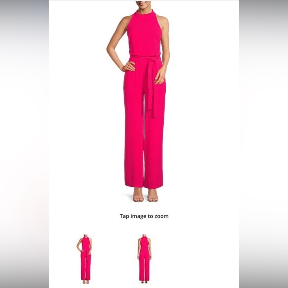 vince camuto high neck halter tie waist pink jumpsuit crepe material